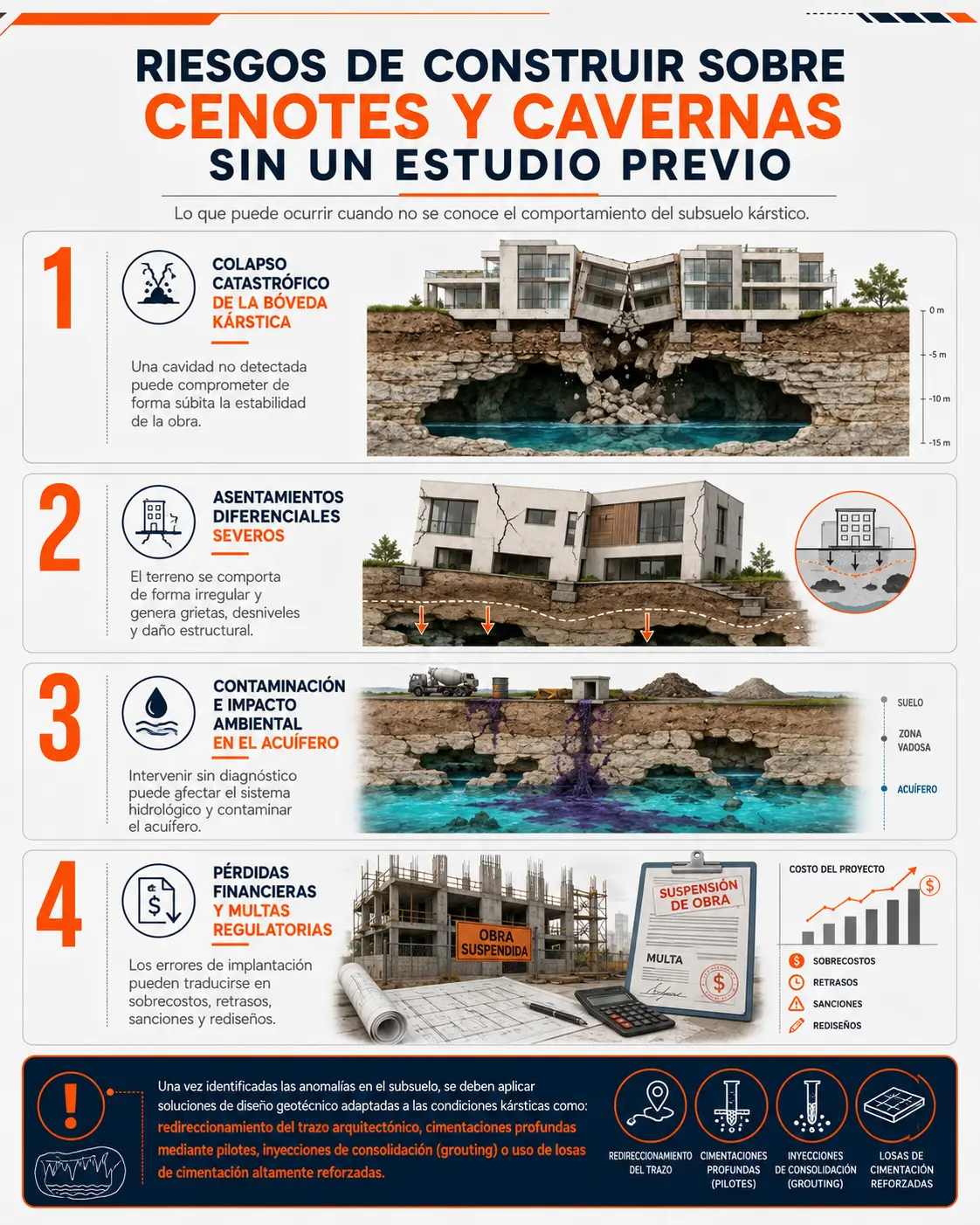 ¿Cuáles son los principales riesgos de construir sobre cenotes y cavernas sin un estudio previo?