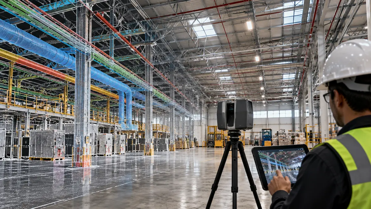 Modelado As-Built 3D y Scan-to-BIM de instalaciones MEP en nave industrial con escáner LiDAR.